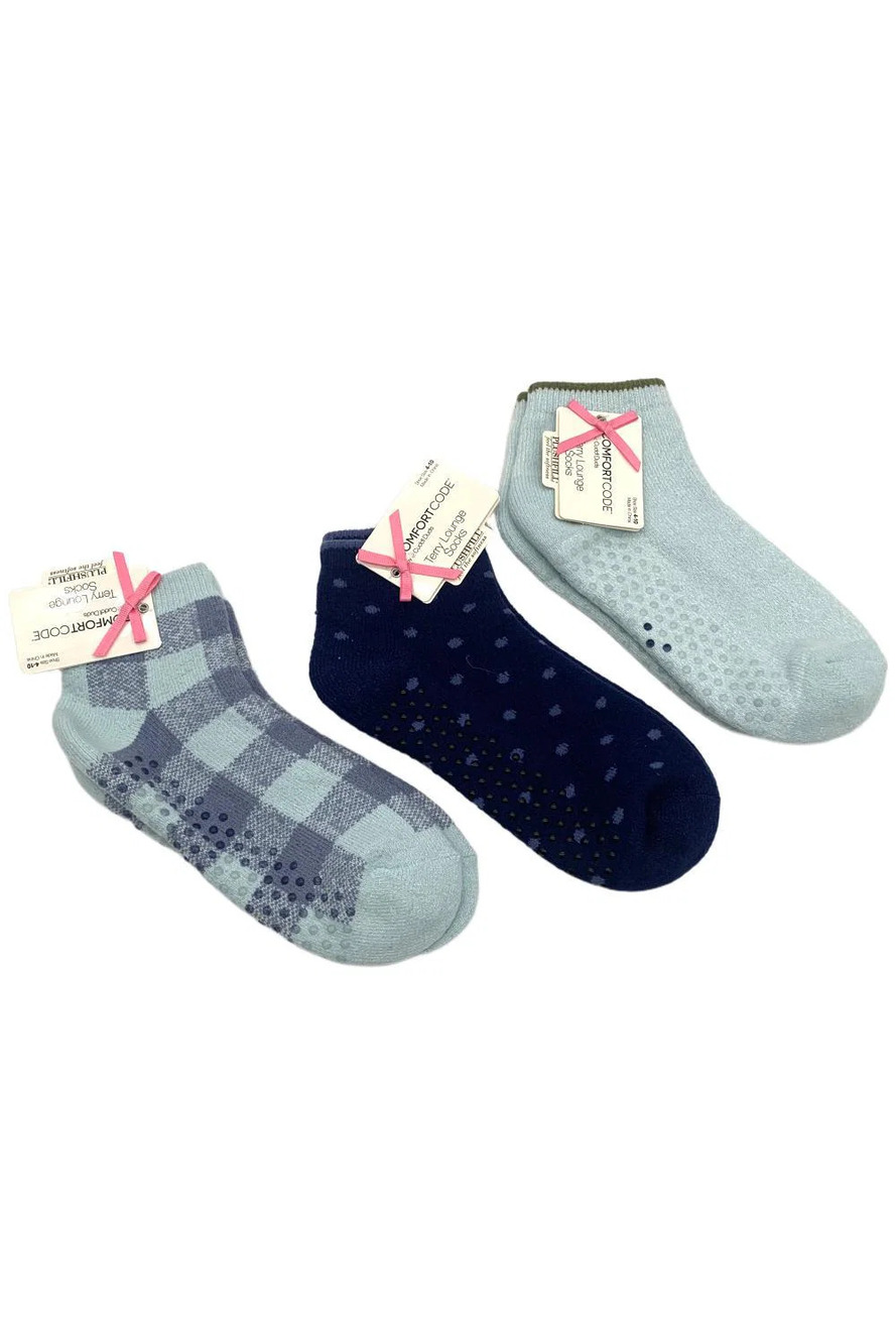 Comfort Code Women's 3-pack Terry Anklet Lounge Socks Plaid/Blue/Turq